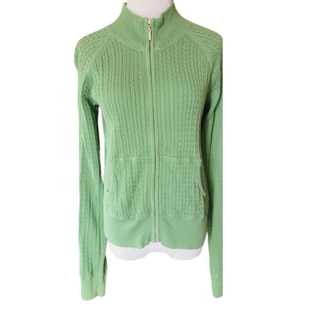 Polo Jeans Co Ralph Lauren Green Cable Knit Zip Up Sweater Mock Neck Large Y2K
